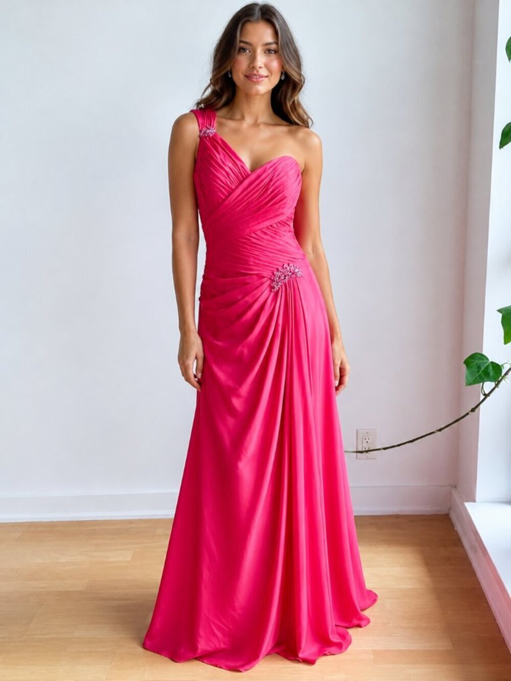 TWO by Rosa Clara Pink Chiffon Ruched Rhinestone Detail Gown with Sheer Cape 12